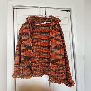 Tejidos Cozy Striped Wool Open Cardigan w Vibrant Colors Size Medium Boho Orange